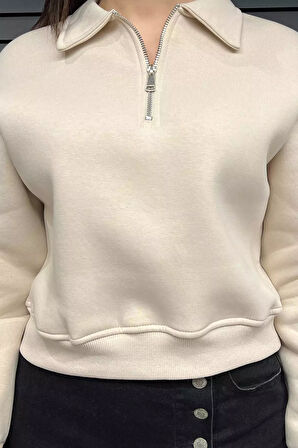 Polo Yaka Yarım Fermuarlı Üç İplik Şardonlu Sweatshirt