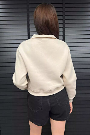 Polo Yaka Yarım Fermuarlı Üç İplik Şardonlu Sweatshirt