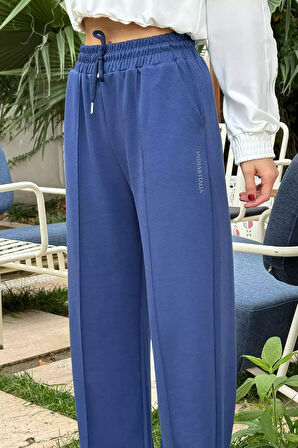 Kadın Yüksek Bel Yazı Baskılı Çimalı Bol Paça Pantolon