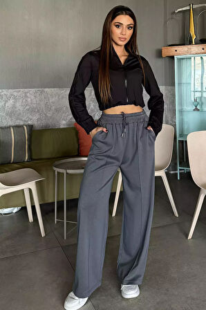 Kadın Yüksek Bel Yazı Baskılı Çimalı Bol Paça Pantolon