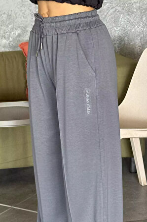 Kadın Yüksek Bel Yazı Baskılı Çimalı Bol Paça Pantolon