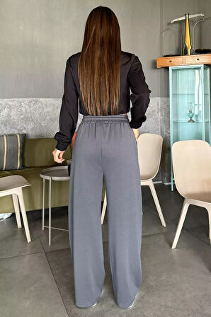 Kadın Yüksek Bel Yazı Baskılı Çimalı Bol Paça Pantolon