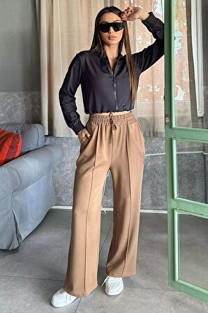 Kadın Yüksek Bel Yazı Baskılı Çimalı Bol Paça Pantolon