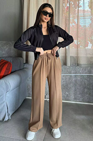 Kadın Yüksek Bel Yazı Baskılı Çimalı Bol Paça Pantolon