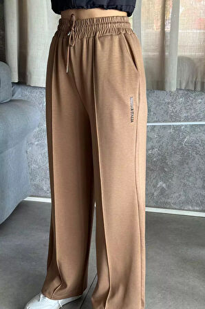 Kadın Yüksek Bel Yazı Baskılı Çimalı Bol Paça Pantolon