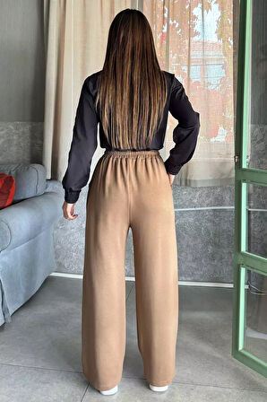 Kadın Yüksek Bel Yazı Baskılı Çimalı Bol Paça Pantolon