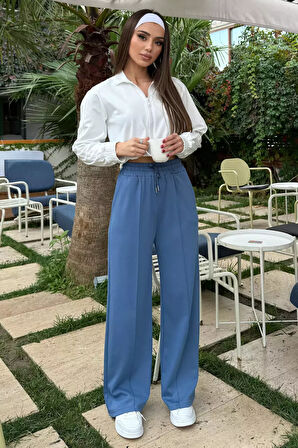 Kadın Yüksek Bel Yazı Baskılı Çimalı Bol Paça Pantolon