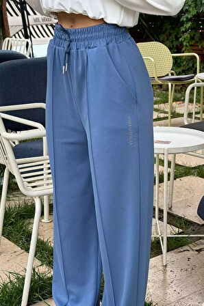 Kadın Yüksek Bel Yazı Baskılı Çimalı Bol Paça Pantolon