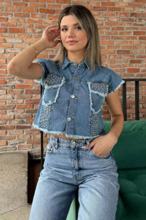 Kadın Püsküllü Zımba Detaylı Kot Jean Yelek
