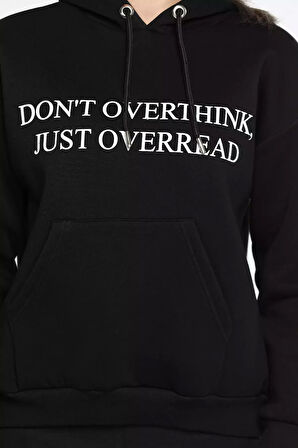 Kapüşonlu Üç İplik Şardonlu Yazı Baskılı Kadın Sweatshirt