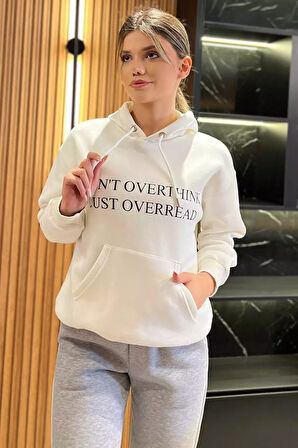 Kapüşonlu Üç İplik Şardonlu Yazı Baskılı Kadın Sweatshirt