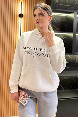 Kapüşonlu Üç İplik Şardonlu Yazı Baskılı Kadın Sweatshirt