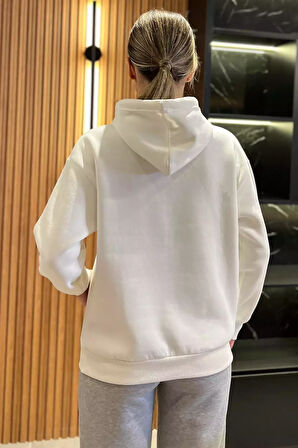 Kapüşonlu Üç İplik Şardonlu Yazı Baskılı Kadın Sweatshirt