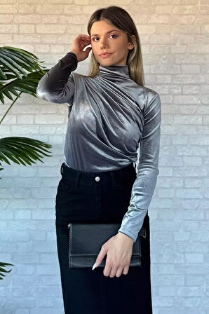 Kadın Omuz Ve Bel Drapeli Kadife Bluz