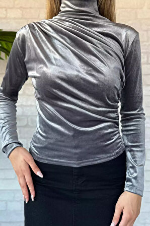 Kadın Omuz Ve Bel Drapeli Kadife Bluz