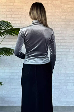 Kadın Omuz Ve Bel Drapeli Kadife Bluz