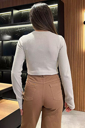 Kadın Bisiklet Yaka Kolu Pencereli Kaşkorse Crop Top Bluz