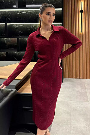 Kadın Polo Yaka Bel Bağlamalı Uzun Triko Elbise