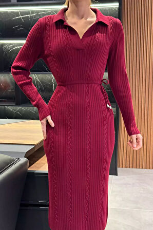 Kadın Polo Yaka Bel Bağlamalı Uzun Triko Elbise