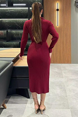 Kadın Polo Yaka Bel Bağlamalı Uzun Triko Elbise