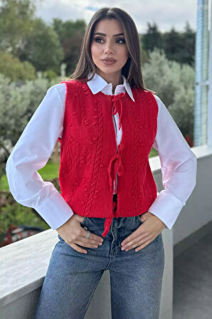 Kadın Örgü Desenli Bağlamalı Triko Yelek