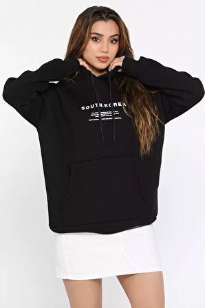 Kapüşonlu Şardonlu Yazı Baskılı Kadın Sweatshirt