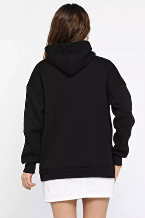 Kapüşonlu Şardonlu Yazı Baskılı Kadın Sweatshirt