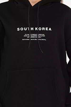 Kapüşonlu Şardonlu Yazı Baskılı Kadın Sweatshirt