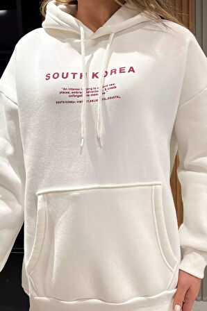 Kapüşonlu Şardonlu Yazı Baskılı Kadın Sweatshirt