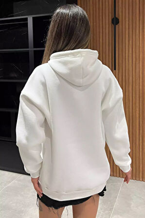 Kapüşonlu Şardonlu Yazı Baskılı Kadın Sweatshirt