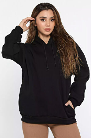 Kadın Kapüşonlu Üç İplik Şardonlu Oversize Sweatshirt