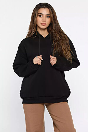 Kadın Kapüşonlu Üç İplik Şardonlu Oversize Sweatshirt