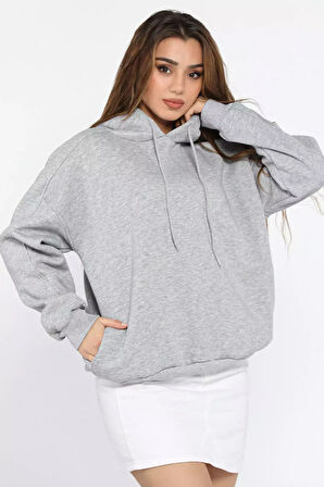 Kadın Kapüşonlu Üç İplik Şardonlu Oversize Sweatshirt
