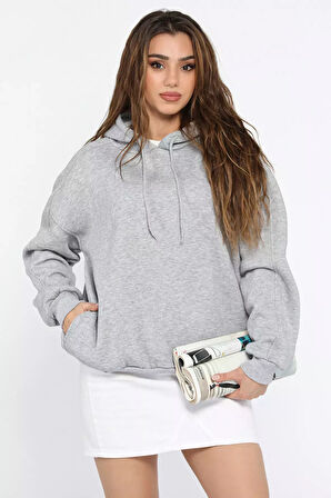 Kadın Kapüşonlu Üç İplik Şardonlu Oversize Sweatshirt