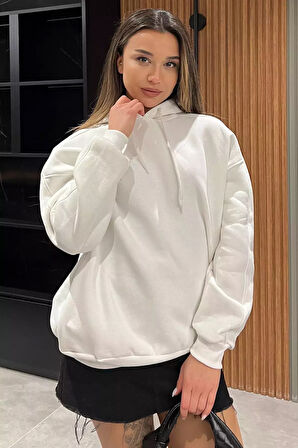 Kadın Kapüşonlu Üç İplik Şardonlu Oversize Sweatshirt
