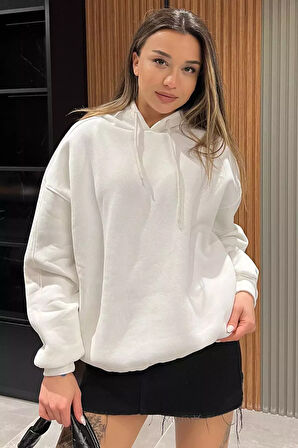 Kadın Kapüşonlu Üç İplik Şardonlu Oversize Sweatshirt