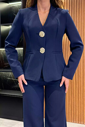 Düğme Detaylı Ceket Pantolon İkili Takım