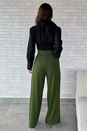 Kadın Yüksek Bel Cırtlı Bol Paça Palazzo Pantolon