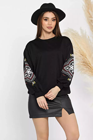 Kol Baskılı Bisiklet Yaka Kadın Sweatshirt