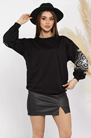 Kol Baskılı Bisiklet Yaka Kadın Sweatshirt