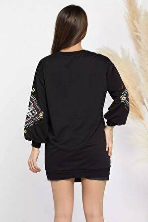 Kol Baskılı Bisiklet Yaka Kadın Sweatshirt
