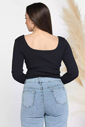 Kadın Kare Yaka Kaşkorse Crop Body Bluz