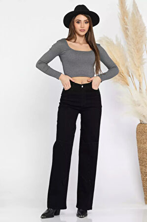 Kadın Yüksek Bel Püskül Detaylı Bol Paça Kot Jean Pantolon