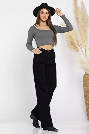 Kadın Yüksek Bel Püskül Detaylı Bol Paça Kot Jean Pantolon