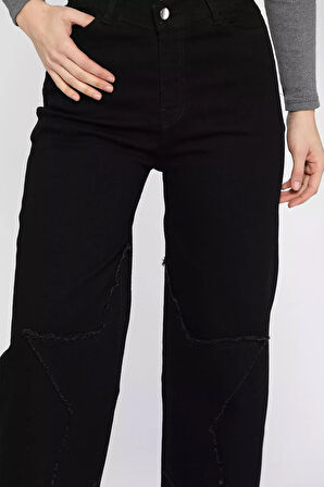 Kadın Yüksek Bel Püskül Detaylı Bol Paça Kot Jean Pantolon