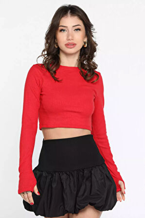 Kadın Bisiklet Yaka Kolu Pencereli Kaşkorse Crop Top Bluz