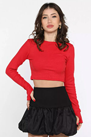 Kadın Bisiklet Yaka Kolu Pencereli Kaşkorse Crop Top Bluz