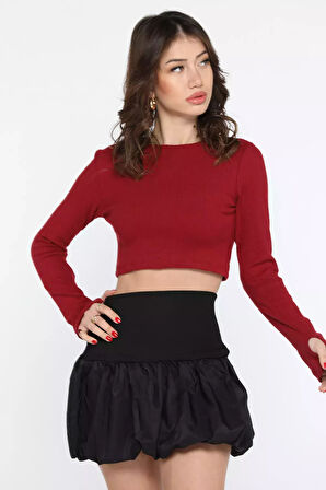 Kadın Bisiklet Yaka Kolu Pencereli Kaşkorse Crop Top Bluz