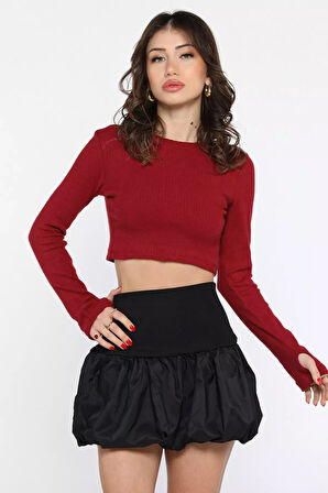 Kadın Bisiklet Yaka Kolu Pencereli Kaşkorse Crop Top Bluz
