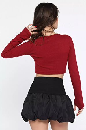 Kadın Bisiklet Yaka Kolu Pencereli Kaşkorse Crop Top Bluz